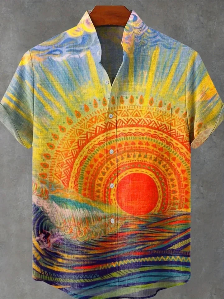 🌅 The Solar Horizon 3D Masterpiece: Premium Men's Casual Short-Sleeve Shirt – High-Definition Sunset Digital Print, Breathable Silk-Touch Fabric, and Sophisticated Modern-Fit Silhouette