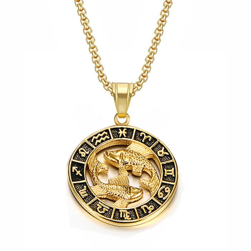 ♌♏ Zodiac Sign Leo Scorpio Pendant Necklace – Gold Color Stainless Steel Round 12 Constellation Design Unisex Astrology Jewelry Stylish Gift for Women and Men