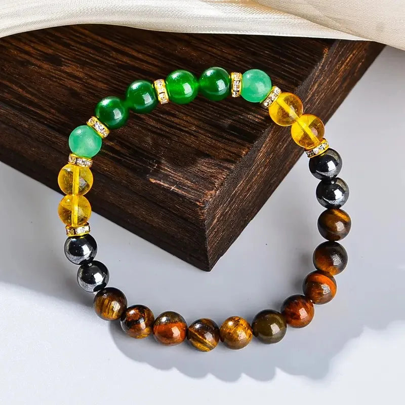 ✨ Lucky Money Attracting Natural Stone Bracelet – Tiger’s Eye, Green Donglin, and Yellow Crystal String Bracelet for Men & Women – Stress-Relief & Prosperity