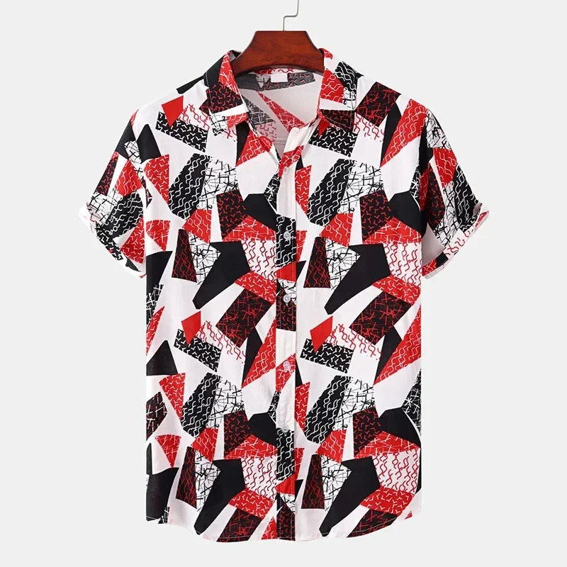 🎨 The Chromatic Patchwork Aloha Masterpiece: Premium Men's Vintage-Style Hawaiian Shirt – High-Definition Colorful Geometric Print, Breathable Short-Sleeve Button-Down, and Signature Loose-Fit Silhouette Shirts-YSY06717