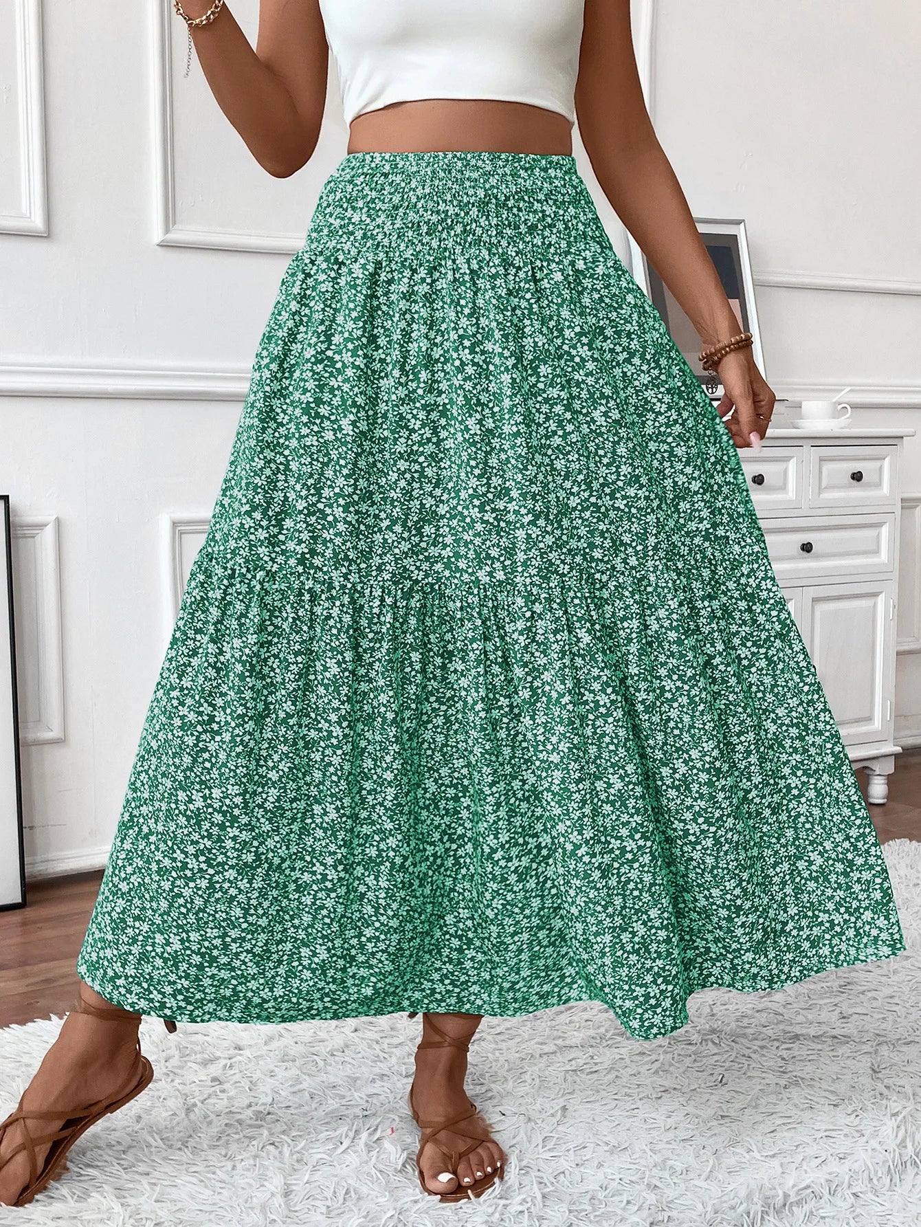 Women Floral Pleated Skirt – Retro High Waist Long Skirt for Stylish Casual Beach Wear green