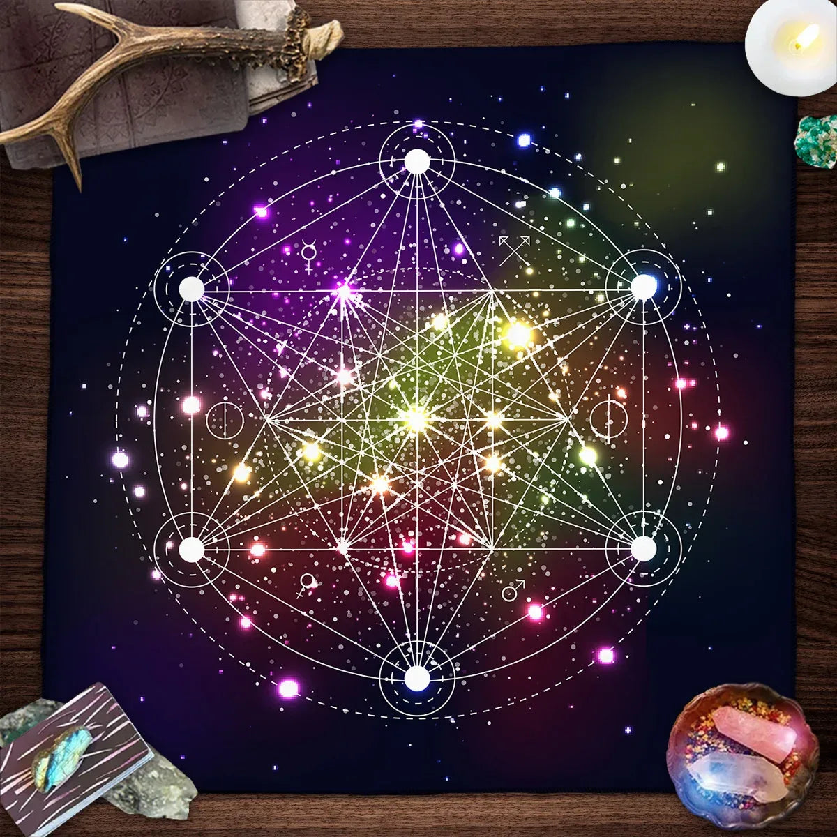 🃏 Colorful Flower of Life Tarot Tablecloth – Mandala Celestial Energy Altar Cloth for Astral Divination, Tarot Mat & Mystical Home Decor TLB (388)