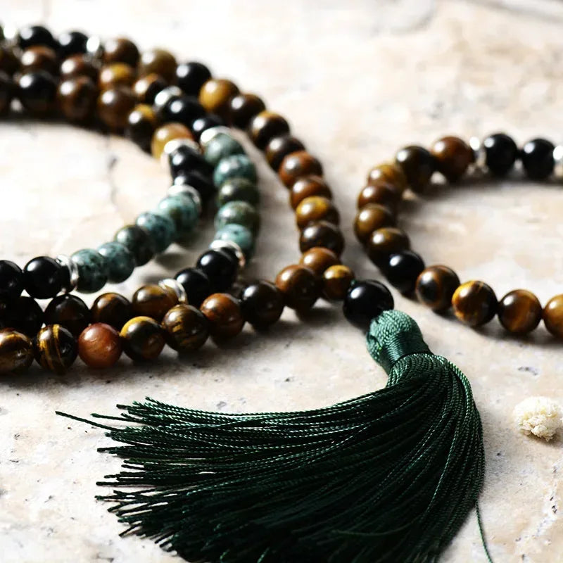 🐯 Retro Ethnic Tiger Eye & Turquoise 108 Bead Necklace: Healing Protection Mala with Lobster Clasp – Boho Statement Jewelry for Men & Women