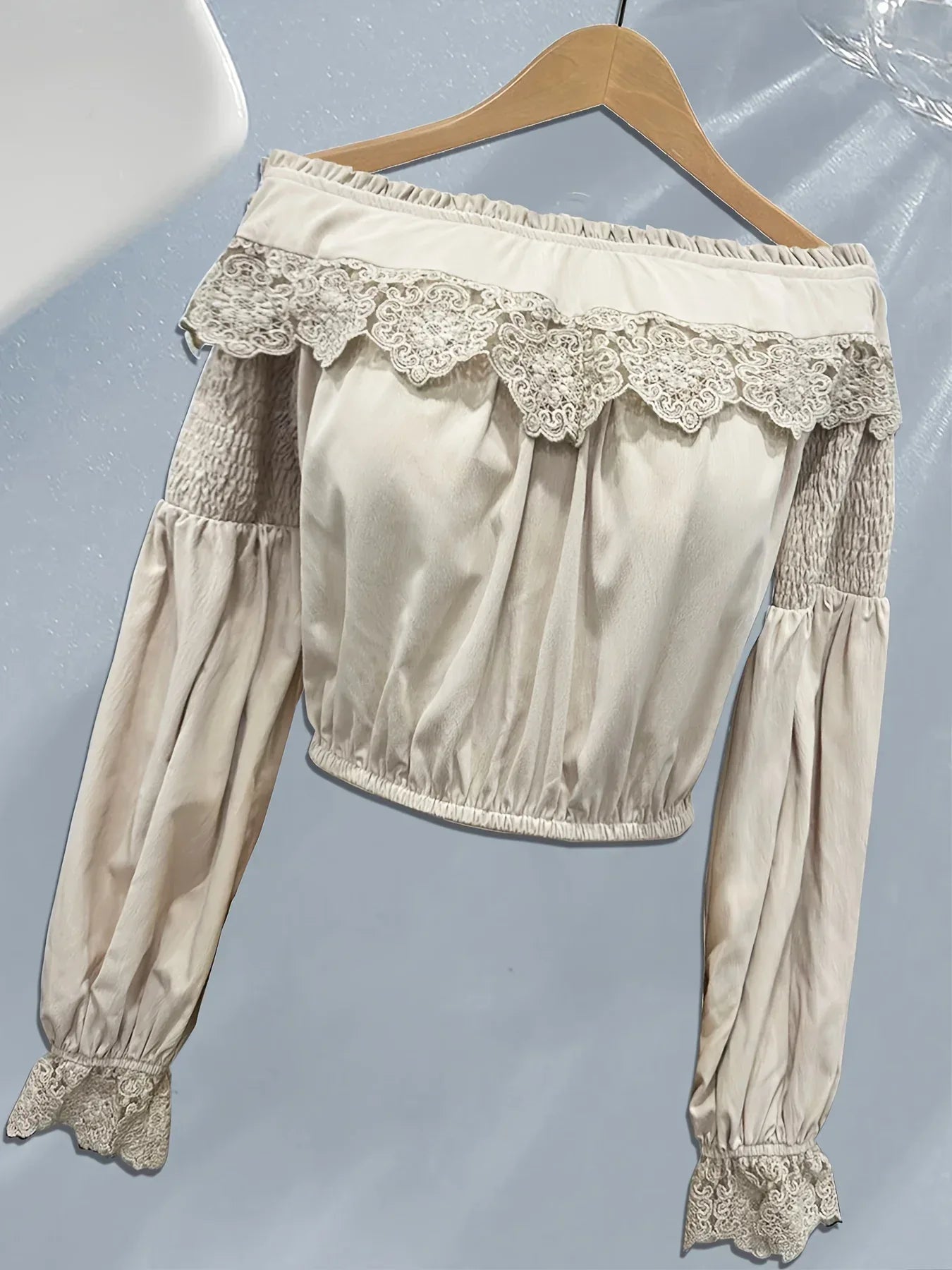 Women's Retro Elegant Blouse - Off Shoulder Long Sleeve with Lace Flowers and Lantern Sleeve Details