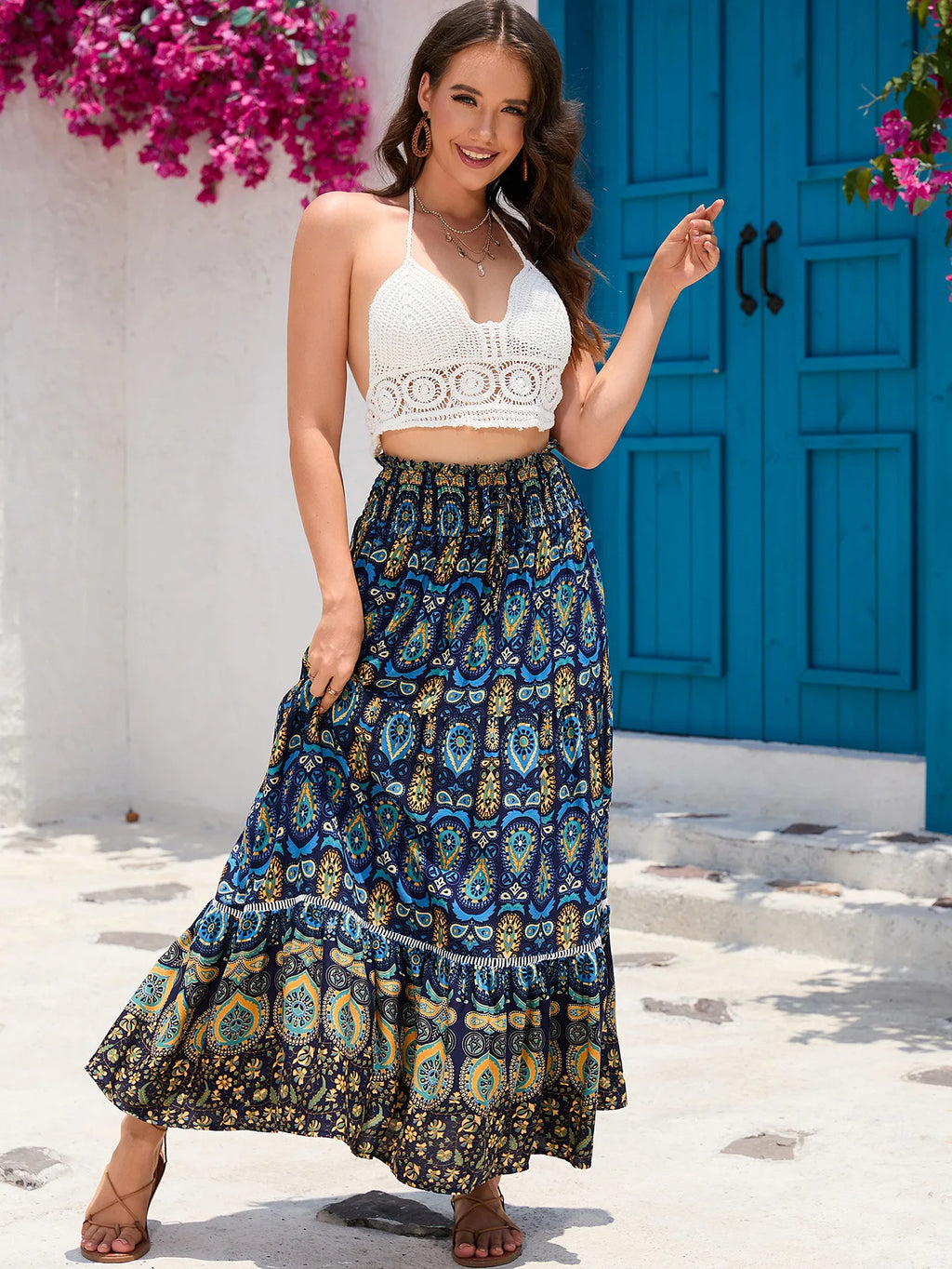 🛍️ Bohemian Printed Skirt – Ethnic Splicing A-Line Long Skirt for Women’s Holiday and Beach Travel