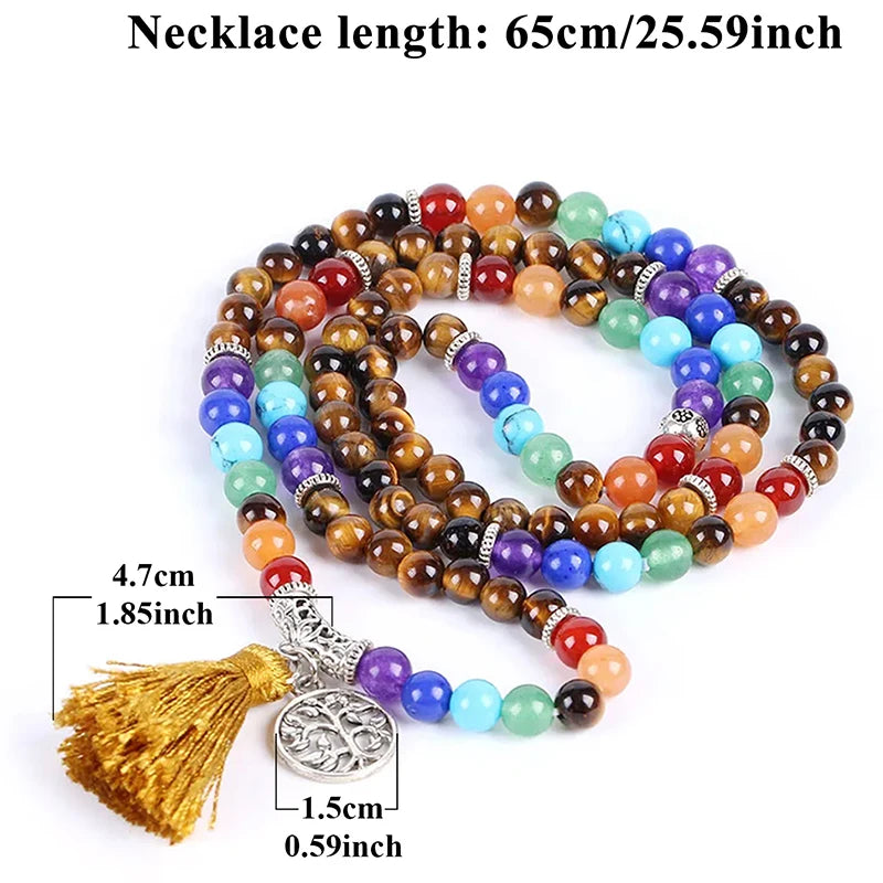 📿 108 Bead Rose Quartz & Tiger Eye Mala: 7 Chakra Healing Wrap Bracelet & Necklace – Heart Healing, Confidence & Meditation Prayer Beads Tiger Eye