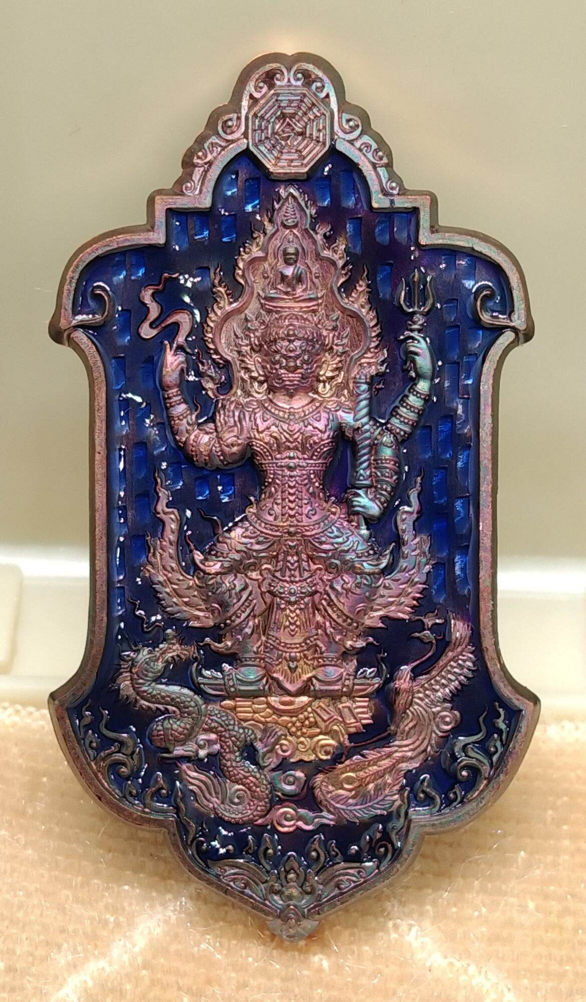Taowessuwan Amulet Wat Ku Suea, Chiang Mai – Rainbow Copper with Blue Enamel - Thai Blessing Co