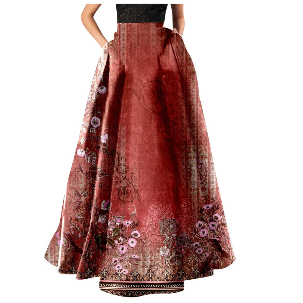 👗 Summer Bohemian Print Long Skirts – Women’s Boho Holiday Floral High Waist Pleated Maxi Skirt