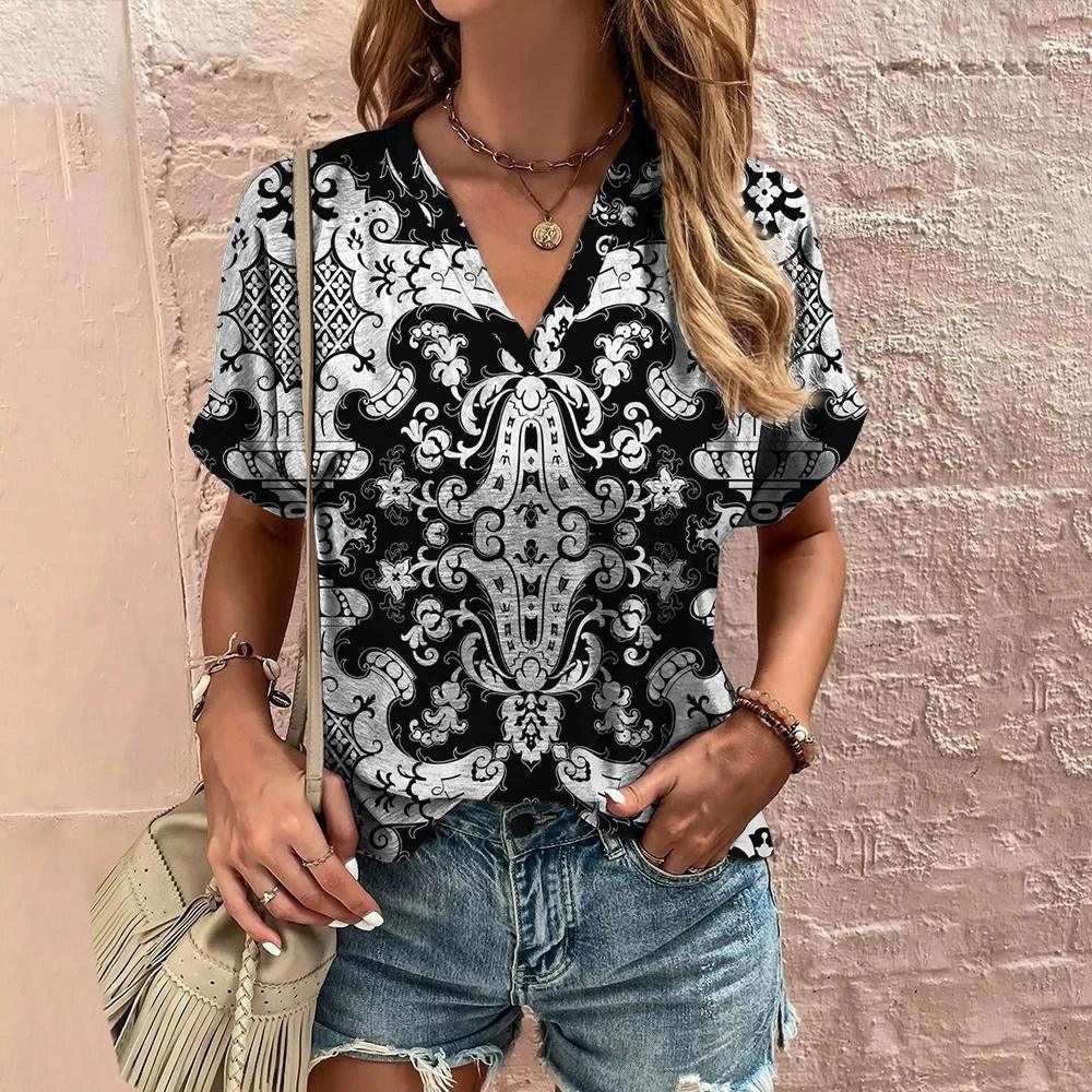 Retro Women’s Floral T-Shirt – Harajuku Style Short Sleeve V-Neck Casual Blouse S56VTX176