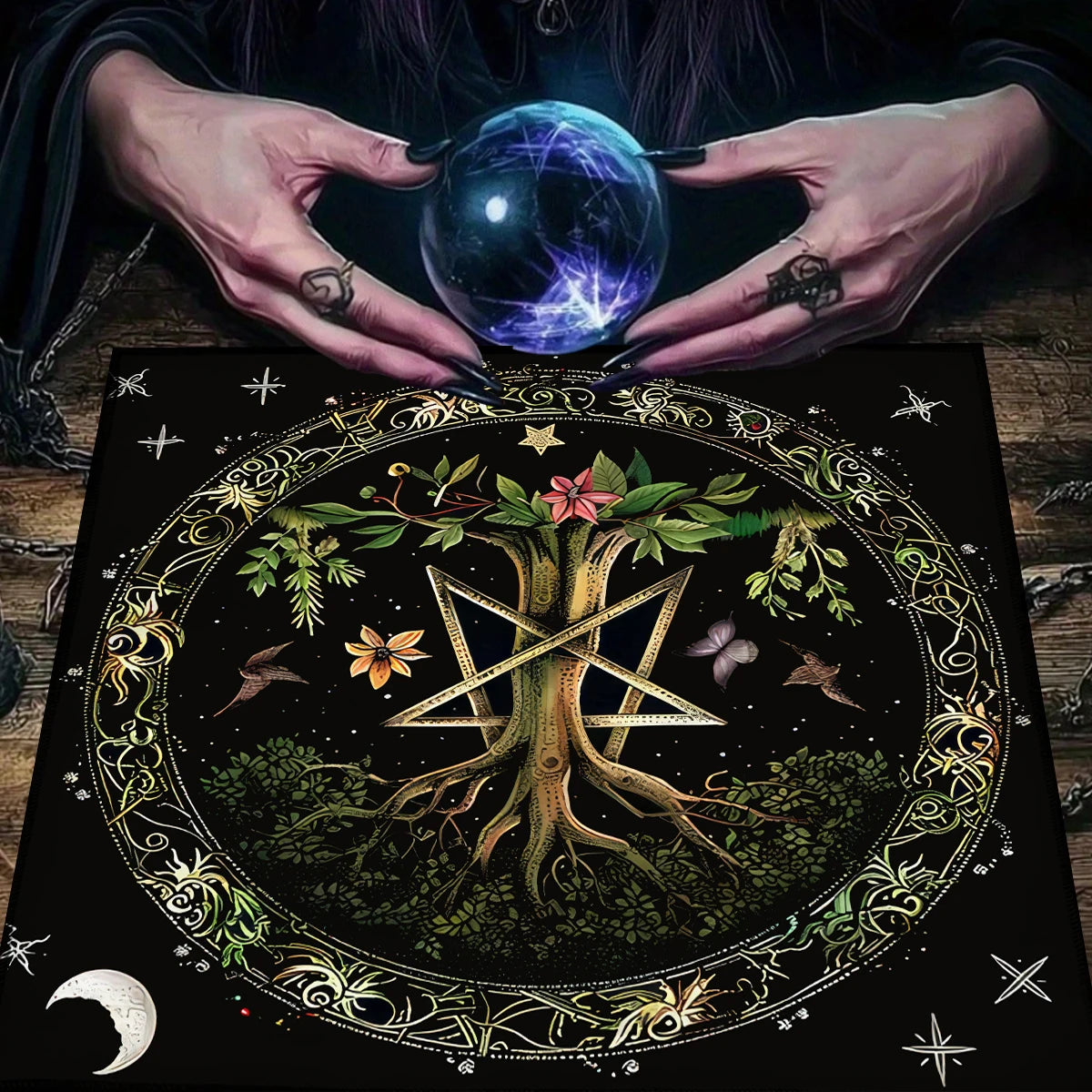Pentagram Flowers & Plants Tarot Card Tablecloth Polyester Moon Tree of Life Altar Cloth Pagan Starry sky Divination Home Decor TLB (922)
