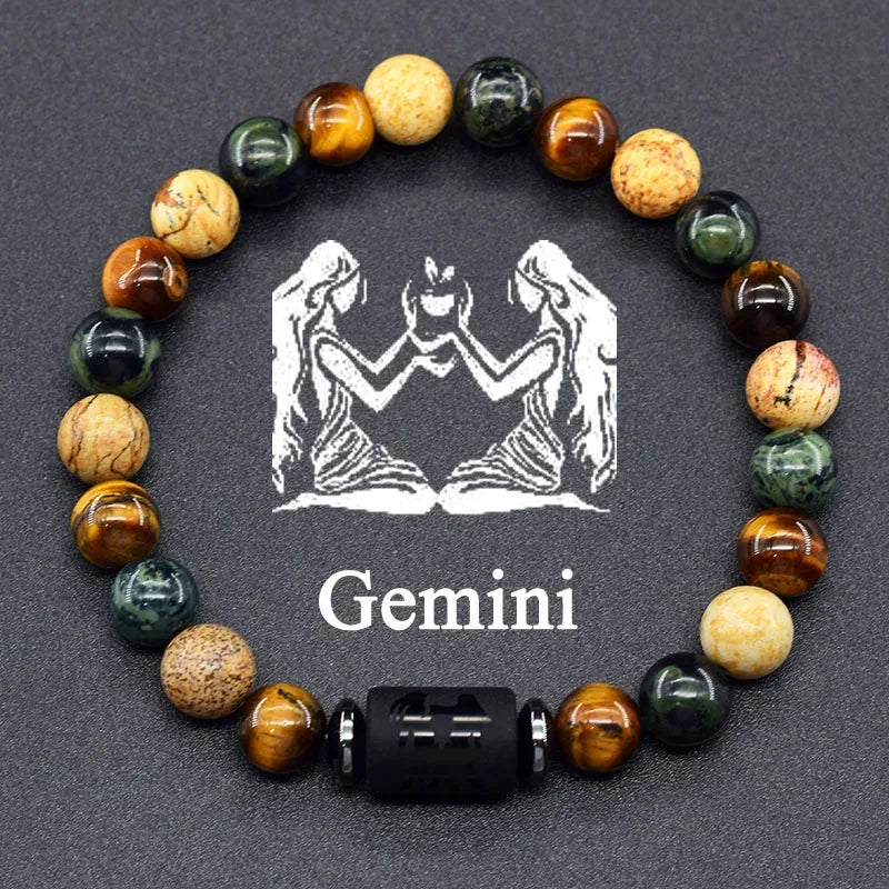✨ 12 Zodiac Constellation Signs Bracelet – Tiger Eye & Sparrow Picture Stone Beads – Virgo Charm Couple Jewelry for Men & Women 15 Gemini 8 mm Beads