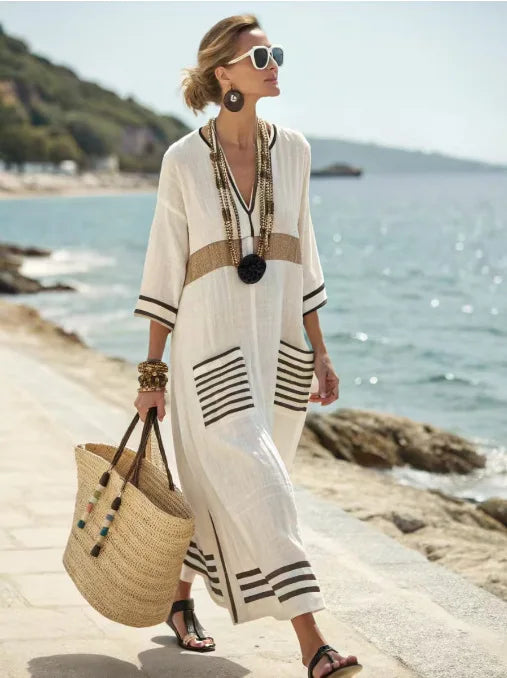 👗 Casual Retro Striped Print Holiday Dress – Boho Beach Style Long Dress with Flare Sleeves and V-Neck Button Design for Women