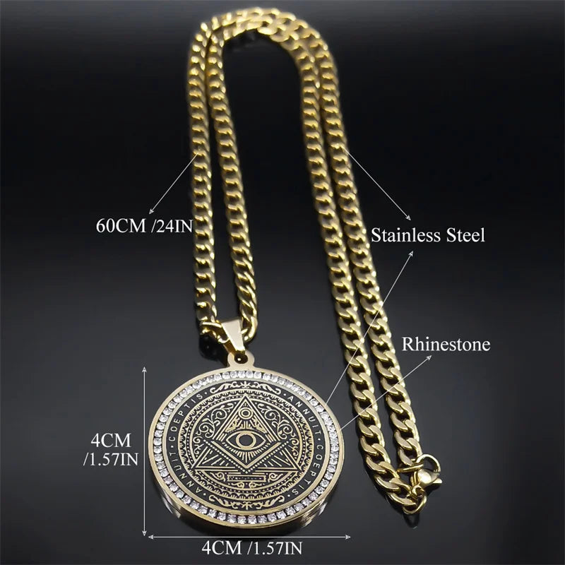 👁️ Eye of Providence Illuminati Pyramid Necklace – Large Crystal Pendant | Men's Hip Hop Style | Stainless Steel Gold Color Chain Accessories
