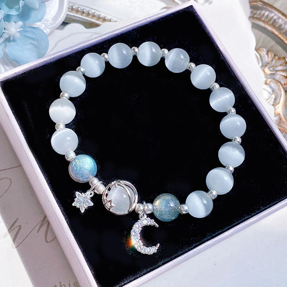 ✨ Starry Cat's Eye Stone Bracelet – Niche Design for Women on Instagram – New Grey Moonlight Star Moon Crystal Jewelry 805088-Blue