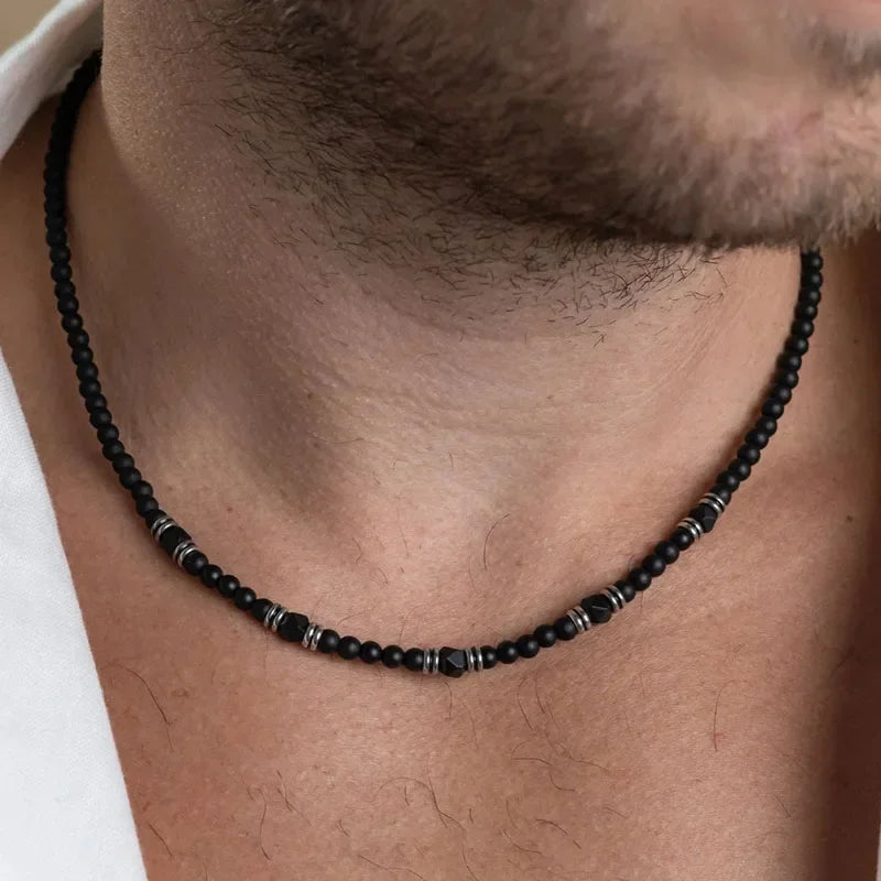 ✨ Men’s Gemstone Necklace – Black Agate & Hematite Cube Beads – Bold Style and Spiritual Protection