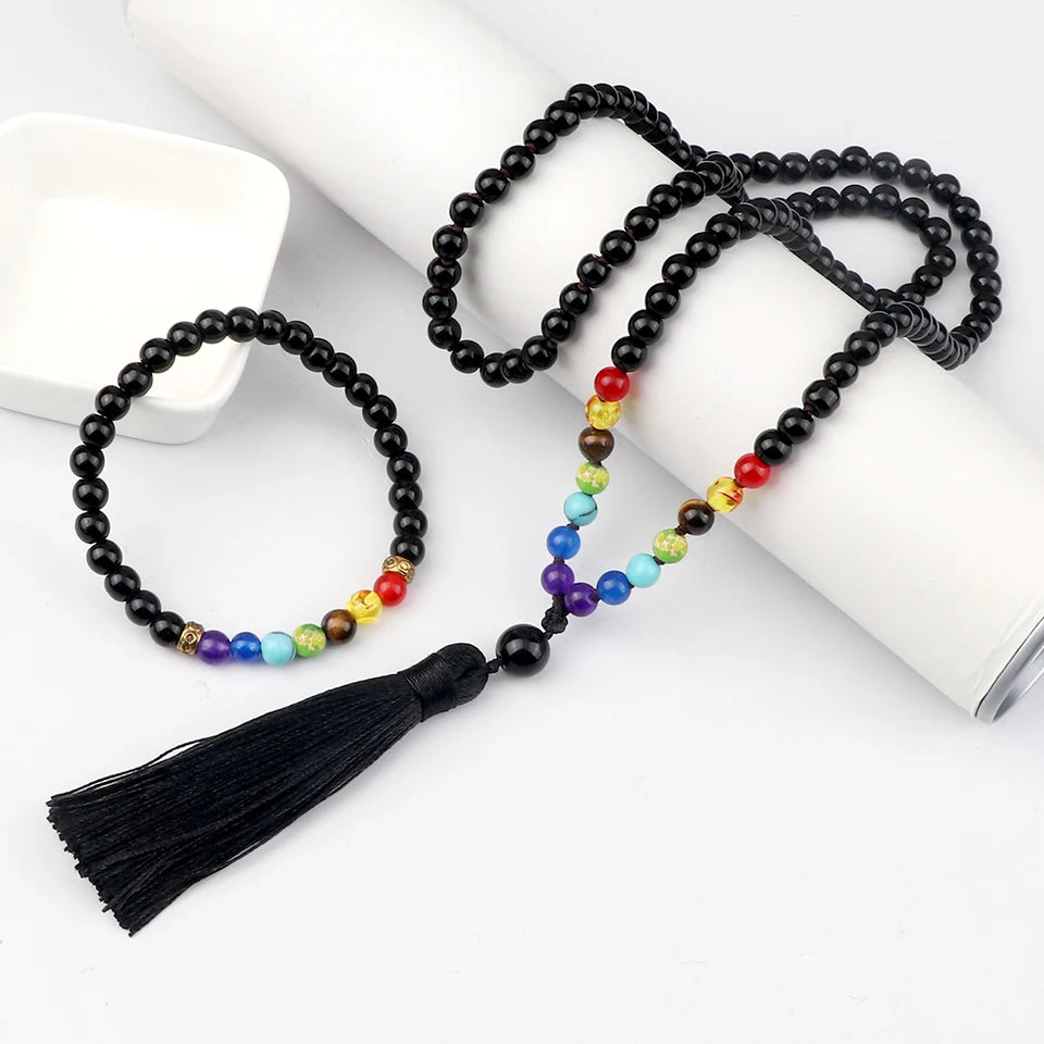 🌑 Black Onyx & 7 Chakra Mala: Shiny/Matte 108 Bead Necklace & Wrap Bracelet – Grounding, Protection & Anxiety Relief Meditation Rosary