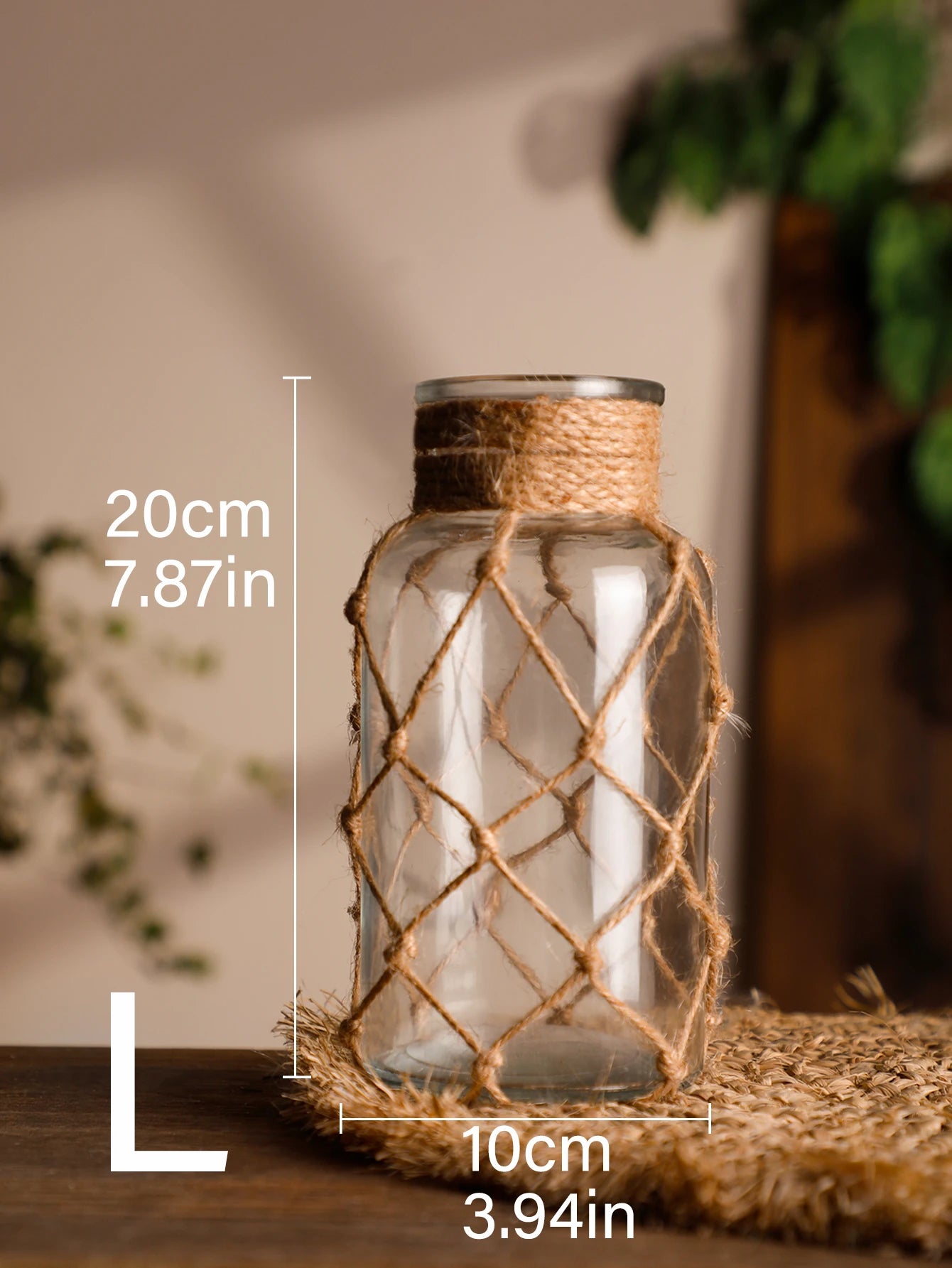 🌿Rustic Hanging Glass Vase with Hemp Rope Net – Handmade Transparent Glass Holder for Dried Flowers and Boho Home Décor TK-RXHP288