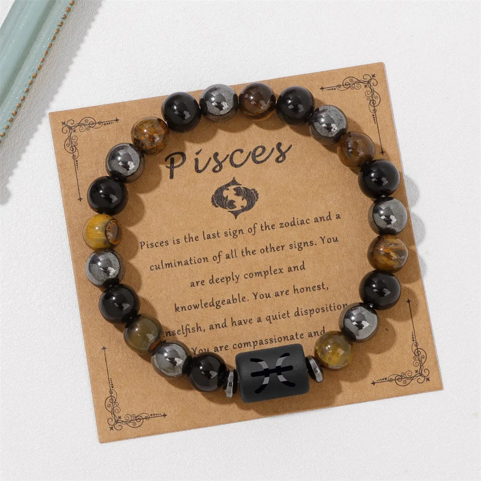 ✨ 12 Constellation Zodiac Sign Bracelet – Tiger Eye, Hematite & Obsidian Triple Protection Stone Beaded Bangle – Empowering Energy Jewelry Gift