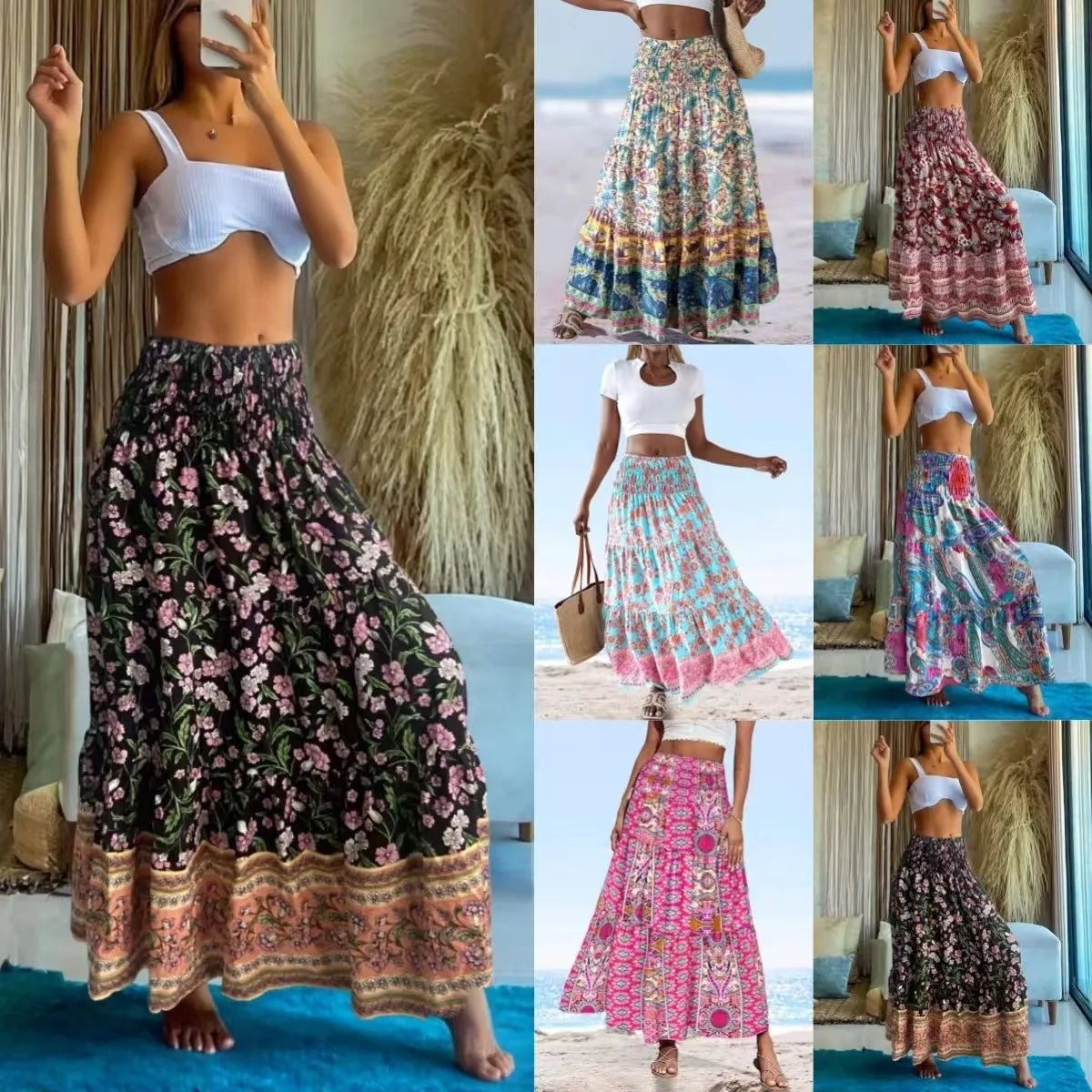 👗 Fashion Boho Printed Long Skirt – Casual Retro Vacation Style with Elastic Waist and A-line Big Hem for Women, Spring Summer New