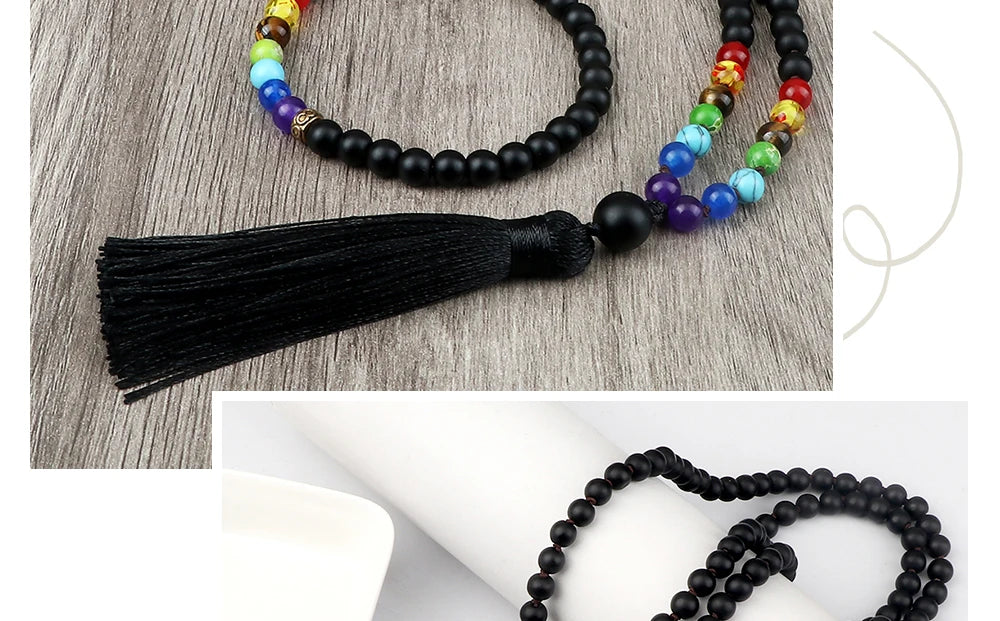 🌑 Black Onyx & 7 Chakra Mala: Shiny/Matte 108 Bead Necklace & Wrap Bracelet – Grounding, Protection & Anxiety Relief Meditation Rosary