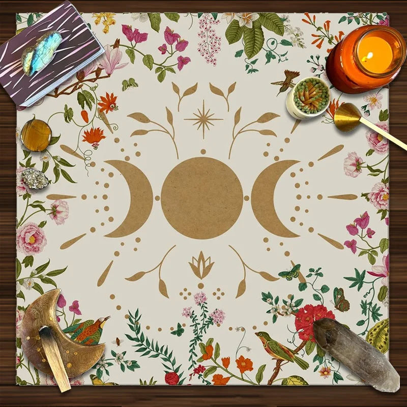 🌙 Lunar Phase Floral Altar Cloth | Tarot Reading Mat & Astrology-Themed Event Tablecloth – Mystical Floral Design for Sacred Space