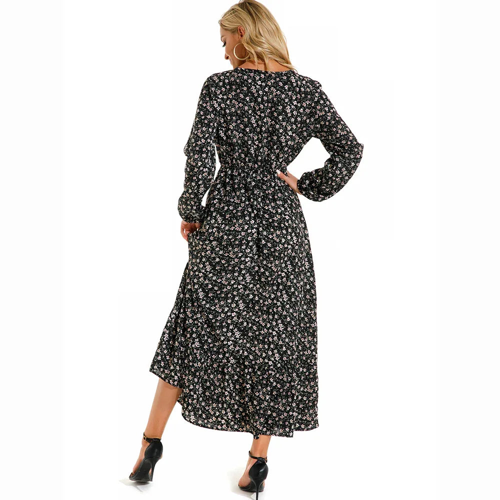 Women’s Bohemian Maxi Dress - Casual Chiffon Dress with Full Sleeves, High Waist, and Floral Print for Spring and Autumn