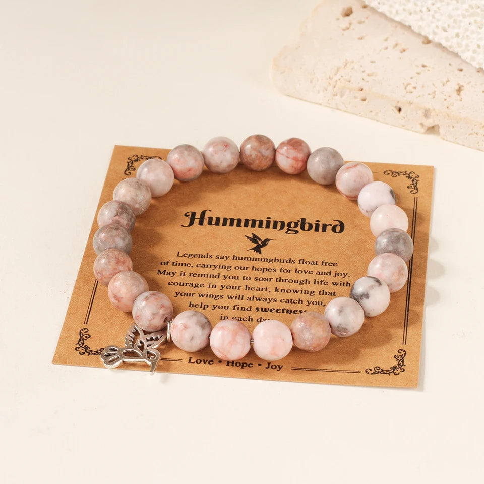 ✨ Cute Pink Zebra Hummingbird Pendant Bracelet – Natural Stone Beads Bangle for Women – Good Luck Jewelry Gift for Girls’ Birthdays