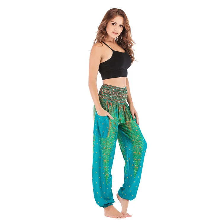 🧘‍♀️ Women’s Yoga Boho Pants – Floral Print Harem Leggings with Pocket, High Waist, Elastic Waistband, and Ankle Straps