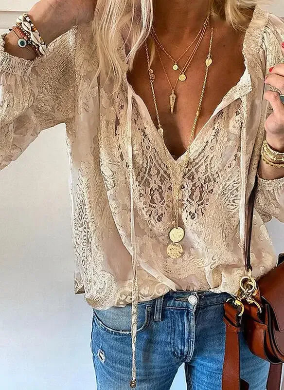 2025 Women's Boho Lace Blouse - Elegant Deep V Neck Pullover Top for Spring Summer Casual Wear