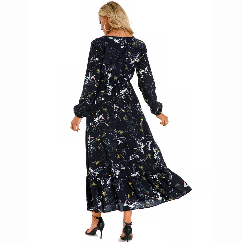 👗 Women’s Bohemian Maxi Dress – Spring Autumn Casual Chiffon Dress with Full Sleeves, High Waist, and Floral Print