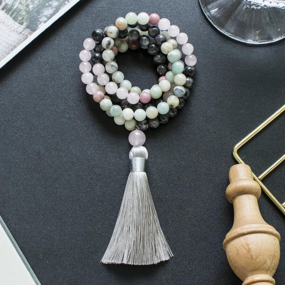 🔮 Premium Tri-Gemstone 108 Mala Beads: Amazonite, Rose Quartz & Labradorite – Heart Chakra Healing Necklace & Meditation Japamala Rosary Set