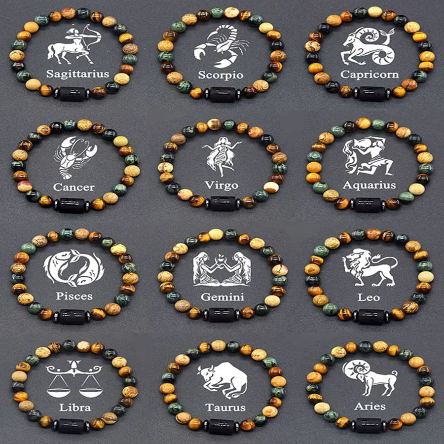 ✨ 12 Zodiac Sign Bracelet Homme – Natural Yellow Tiger Eye Stone & Hematite Constellation Bangle – Cancer, Taurus, Libra Astrology Bracelet for Women 1 12 Pieces 8 mm Beads