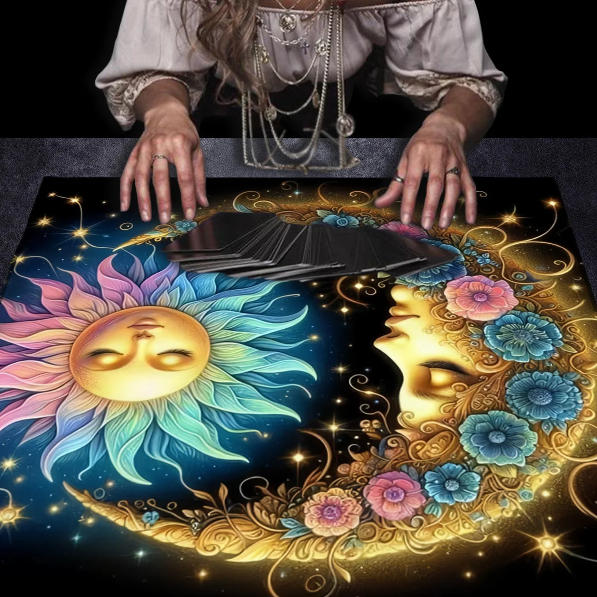 🌞🌙 Floral Tarot Tablecloth | Sun and Moon Altar Cloth – Ceremonial Cloth for Tarot Reading & Oracle Card Mat TLB (741)
