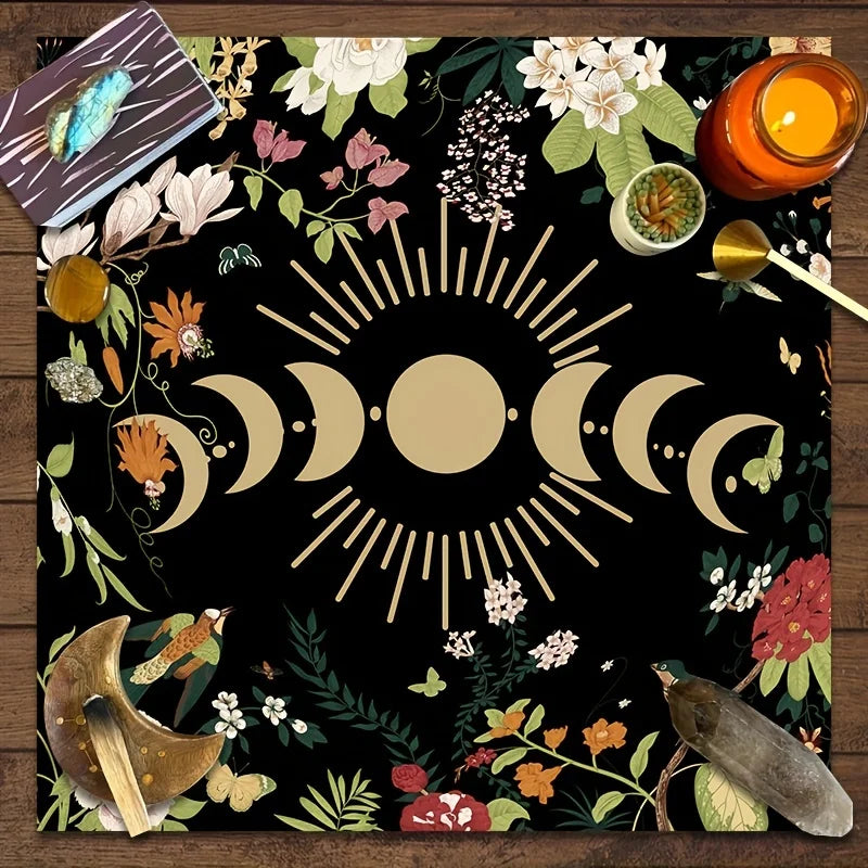 🌙 Lunar Phase Floral Altar Cloth | Tarot Reading Mat & Astrology-Themed Event Tablecloth – Mystical Floral Design for Sacred Space YLB-1050