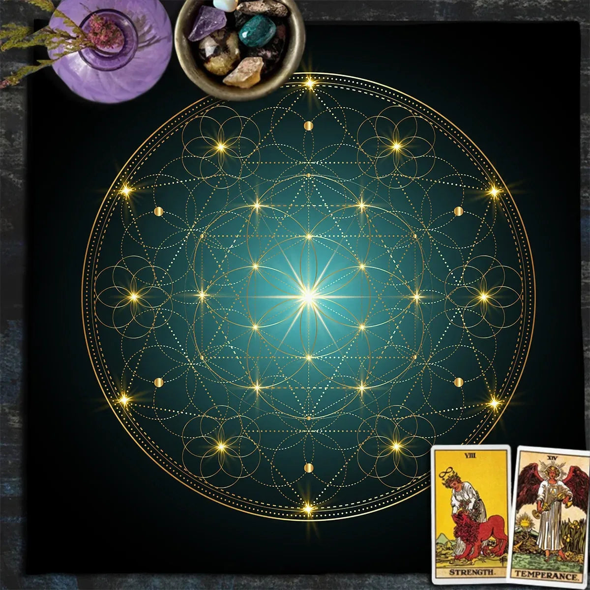 🃏 Colorful Flower of Life Tarot Tablecloth – Mandala Celestial Energy Altar Cloth for Astral Divination, Tarot Mat & Mystical Home Decor TLB (391)