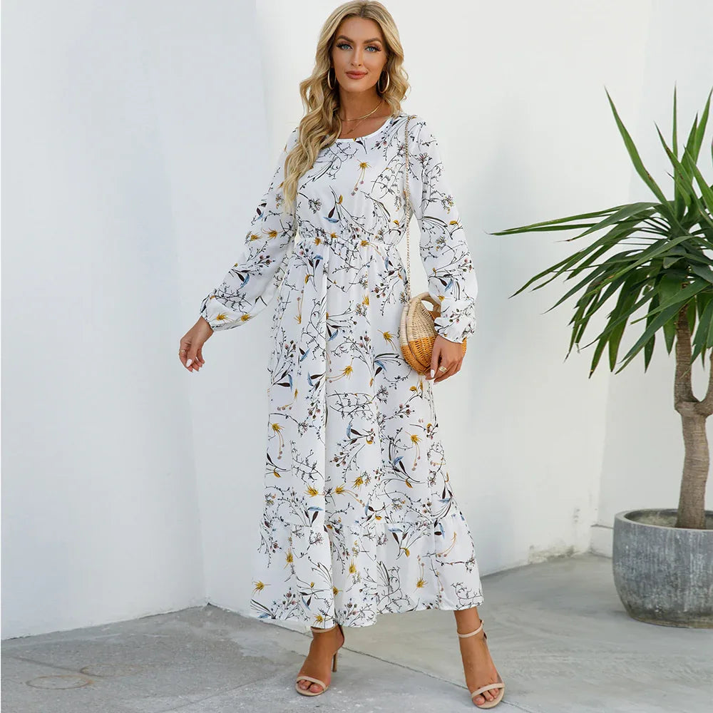 Women’s Bohemian Maxi Dress - Casual Chiffon Dress with Full Sleeves, High Waist, and Floral Print for Spring and Autumn