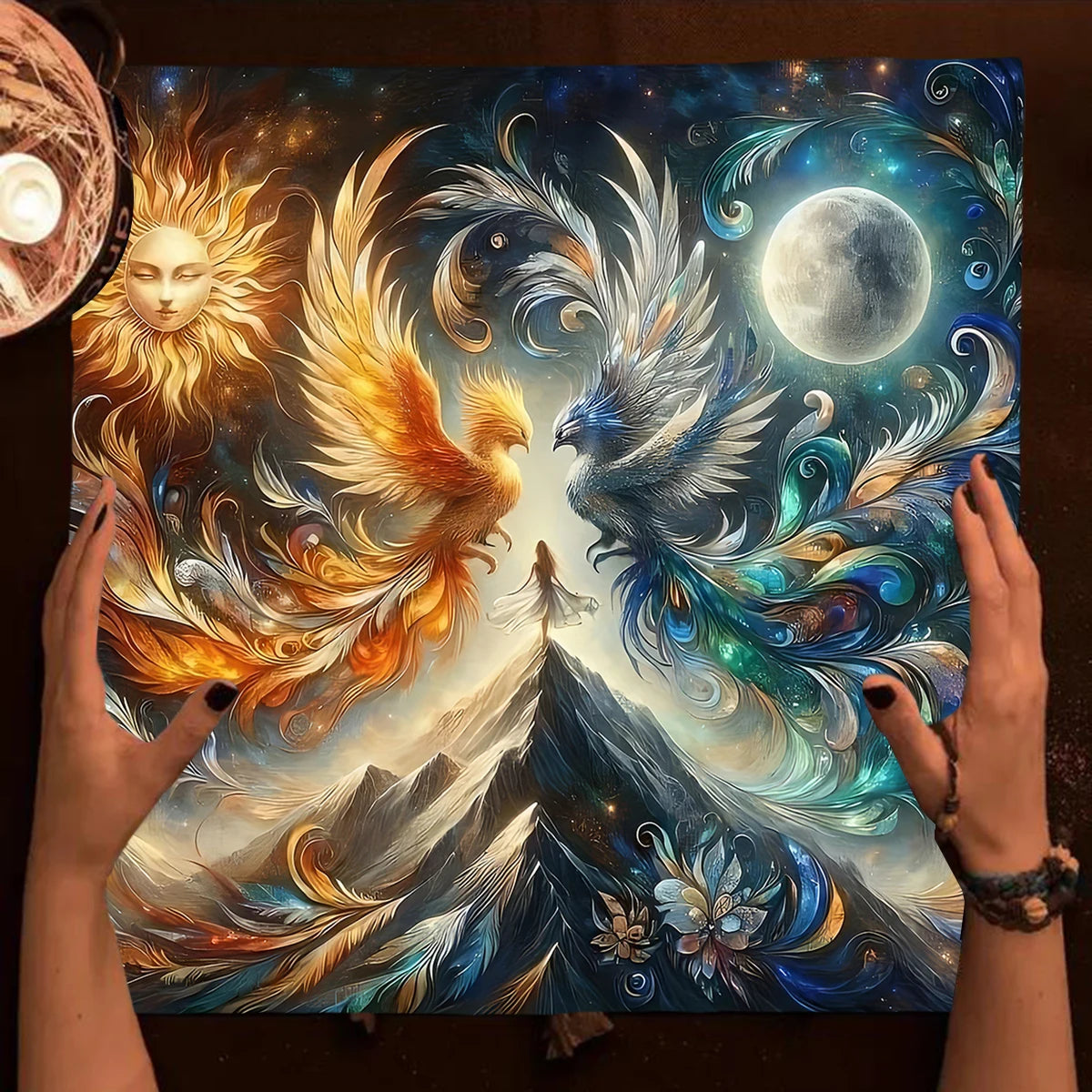 🧿Mystical Sun & Moon Phoenix Tarot Tablecloth – Ice and Fire Phoenix Altar Cloth for Powerful Tarot Readings, Witchcraft & Celestial Home Decor