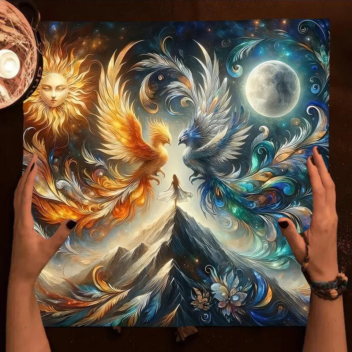 🧿Mystical Sun & Moon Phoenix Tarot Tablecloth – Ice and Fire Phoenix Altar Cloth for Powerful Tarot Readings, Witchcraft & Celestial Home Decor
