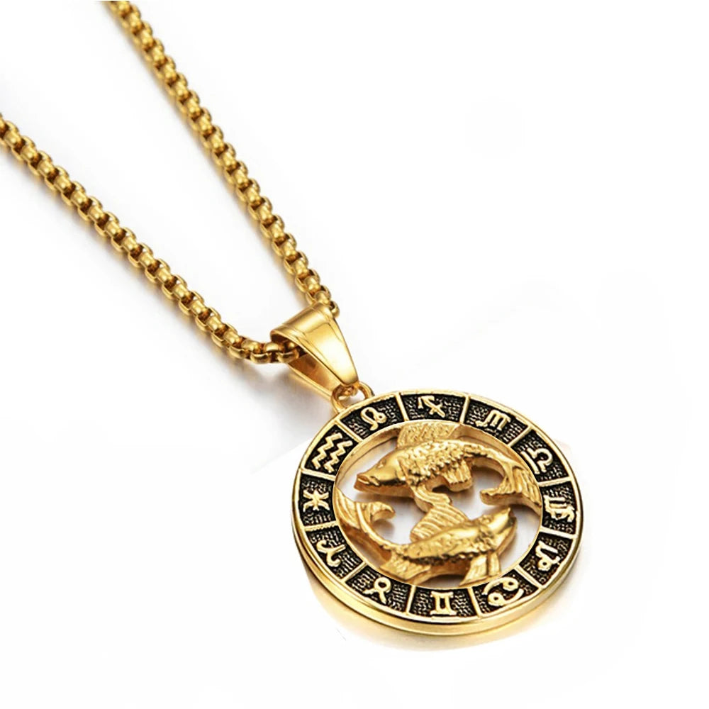 ♌♏ Zodiac Sign Leo Scorpio Pendant Necklace – Gold Color Stainless Steel Round 12 Constellation Design Unisex Astrology Jewelry Stylish Gift for Women and Men Pisces Gold Color