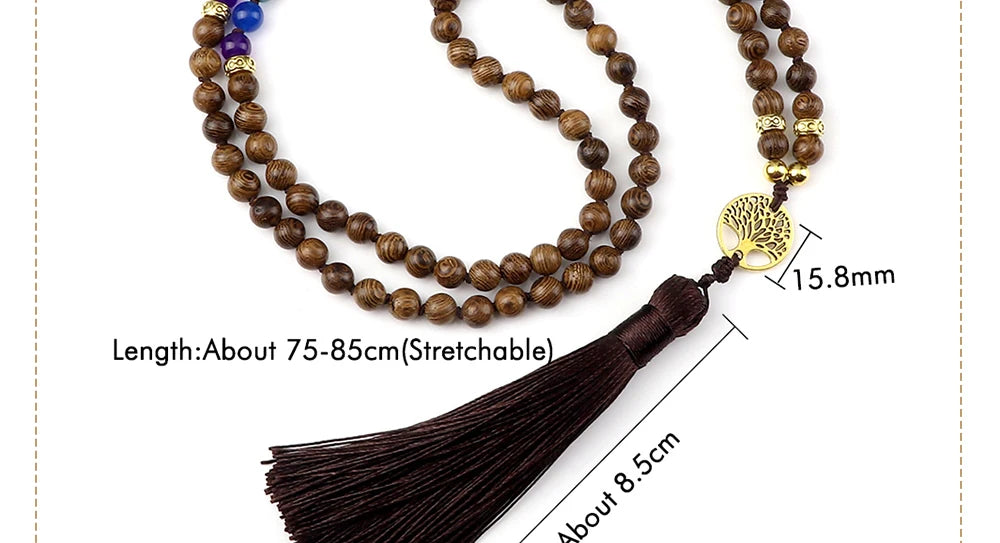 🌳 7 Chakra Wooden Japamala Necklace: Vintage Tree of Life 108 Bead Mala – Meditation, Yoga & Prayer Rosary with Healing Tassel