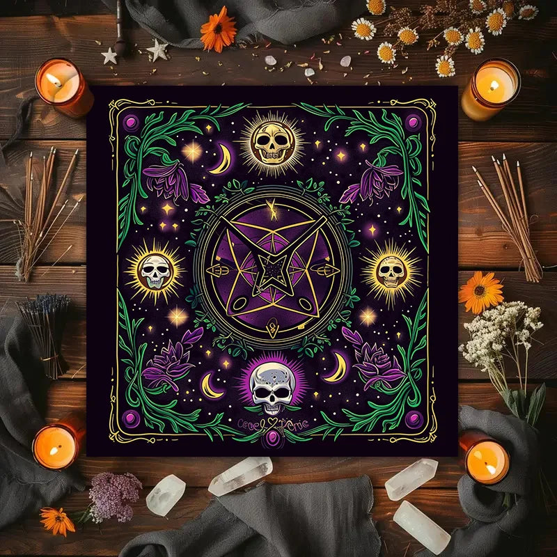 🃏 Purple Skull Array Tarot Tablecloth – Gothic Witchcraft Divination Altar Cloth for Tarot Readings, Occult Events & Dark Party Decor