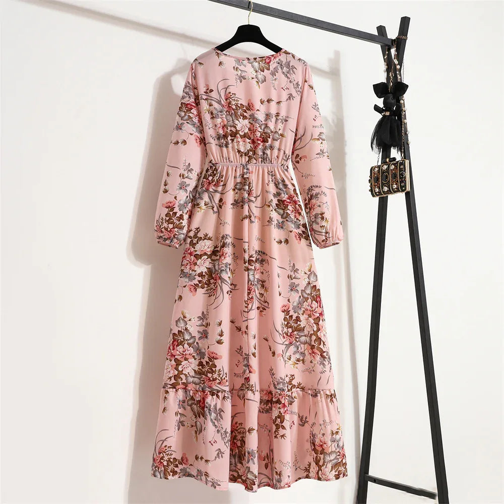 Women’s Bohemian Maxi Dress - Casual Chiffon Dress with Full Sleeves, High Waist, and Floral Print for Spring and Autumn