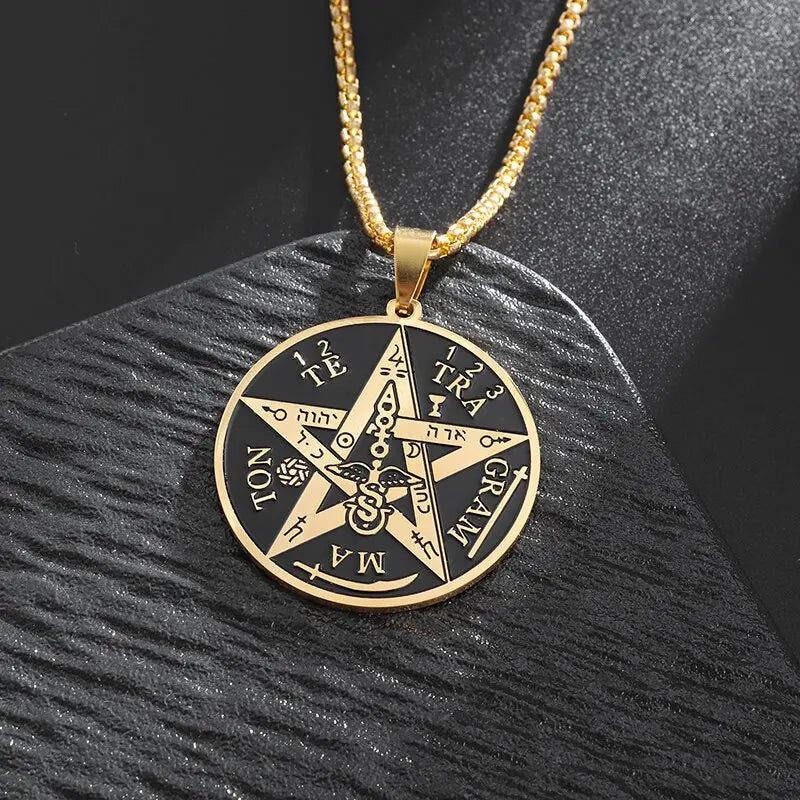✨ Stainless Steel 7 Archangel Seal Necklace – Solomon Kabbalah Seal Pendant | Men’s Supernatural Protection Amulet & Magical Jewelry AL19821-Gold