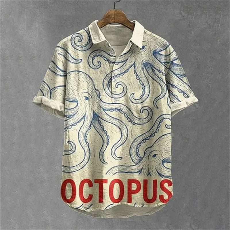 🐙 The Kraken-Retro Edition: Premium Men’s 3D Octopus Linen Shirt – High-Definition Nautical Graphic Print, Breathable Organic Cotton-Linen Blend, and Sophisticated Vintage-Style Holiday Short-Sleeve