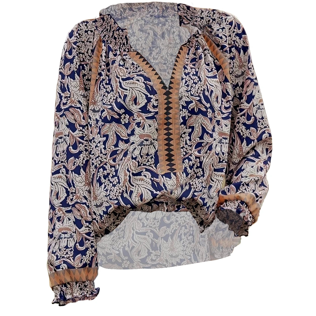 👚 Women’s Bohemian Print Long Sleeve Tunic Blouse – Tie Neck, Flounce Sleeves, Navy Blue