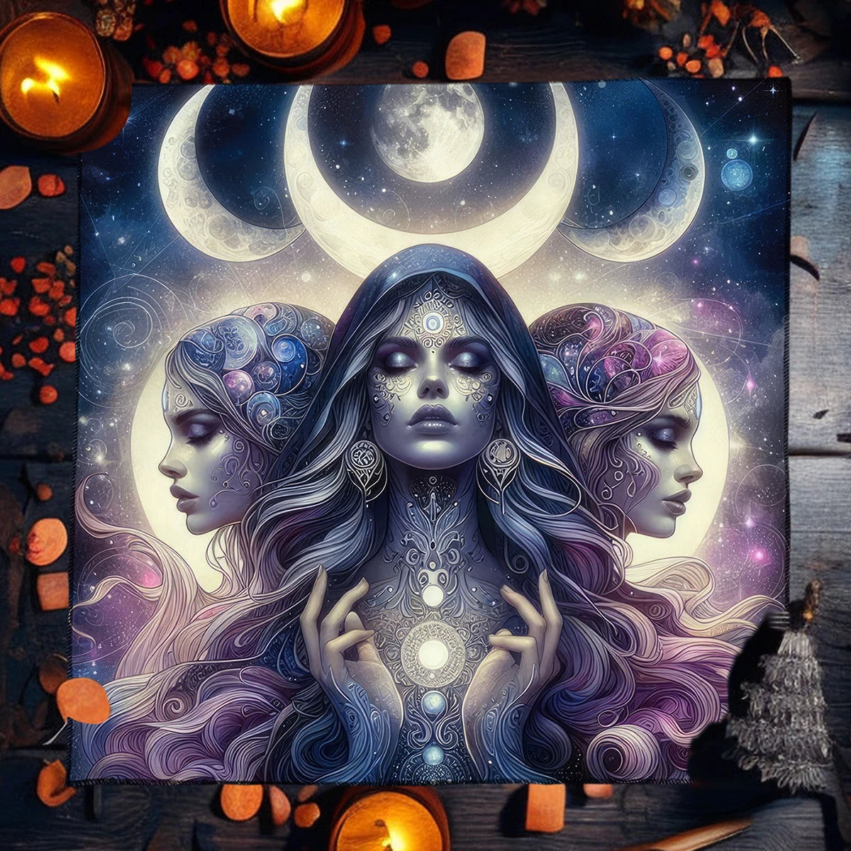 🃏 Purple Crystal Moon Tarot Tablecloth – Witch Altar Cloth with Starry Sky Design for Witchcraft, Astrology & Oracle Card Divination