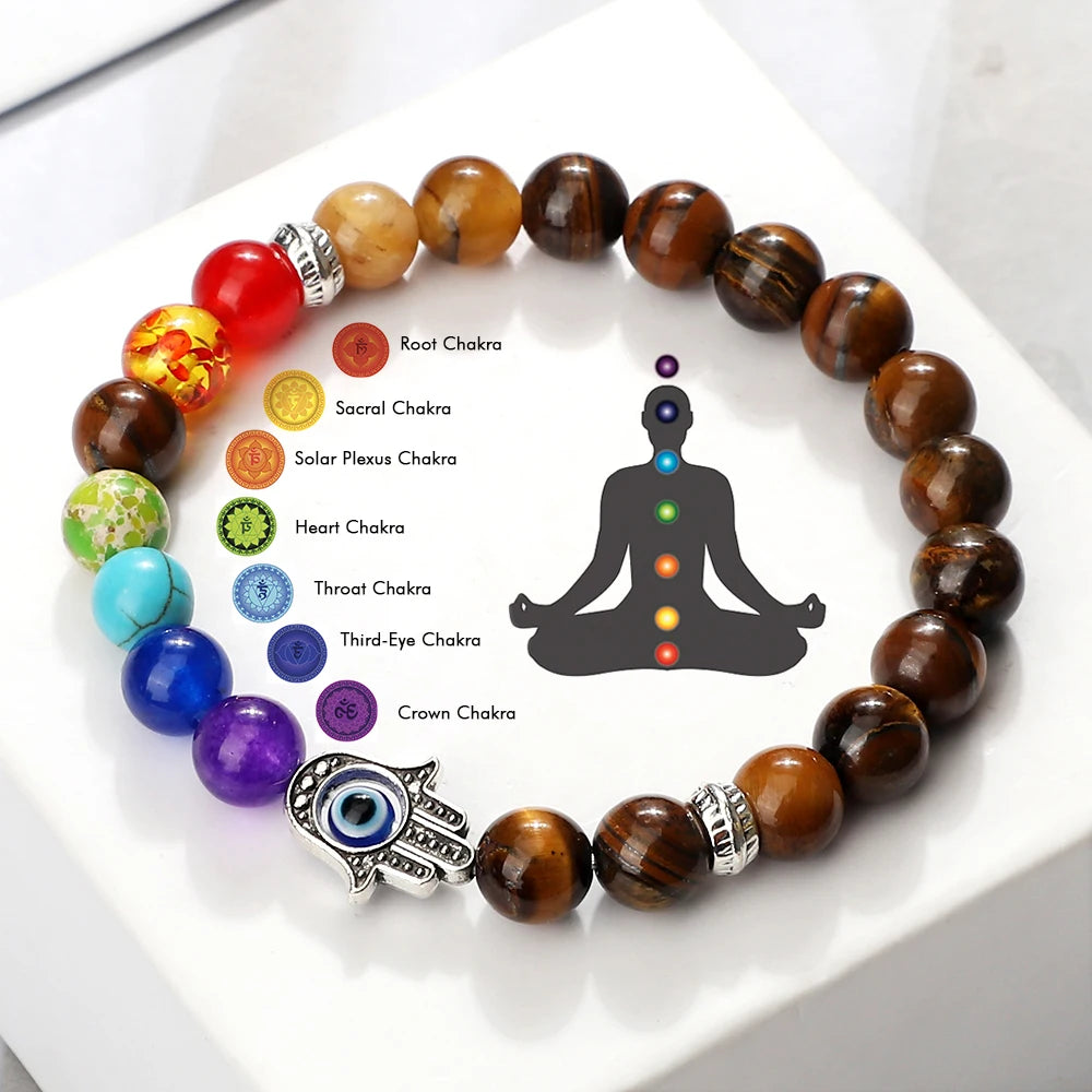🧿 7 Chakra Protection Bracelet for Men: Natural Tiger Eye & Lava Stone with Evil Eye & Hamsa Hand – Anxiety Relief, Luck & Energy Healing Bangle