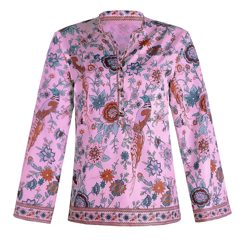 Women's Floral Print Blouse - New Summer Design, Loose Fit, Flared Long Sleeves, Model CKX9070