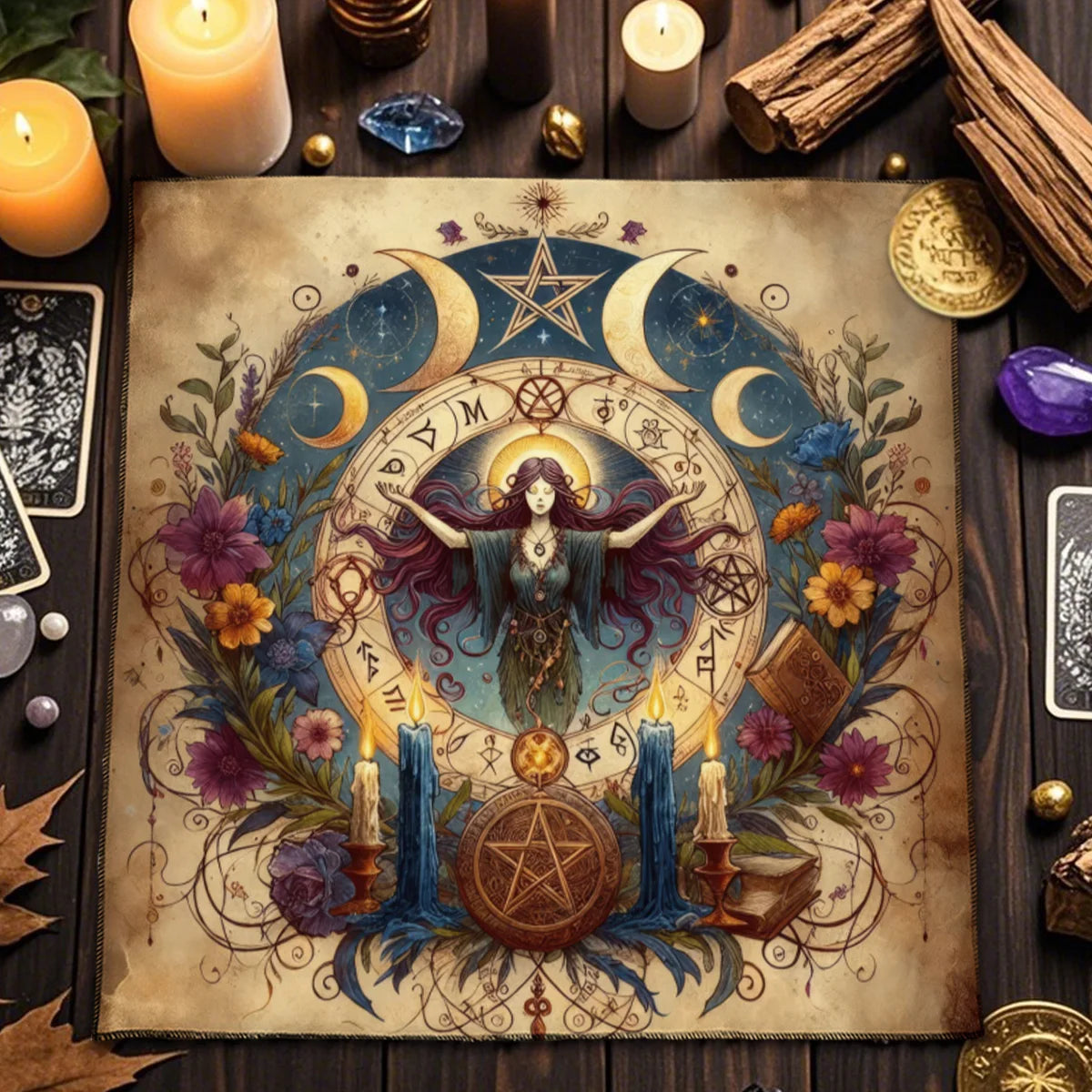 🃏Crow & Moon Phase Tarot Tablecloth – Star Divination Altar Cloth for Runes, Witchcraft Rituals & Mystical Party Game Decor TLB (850)