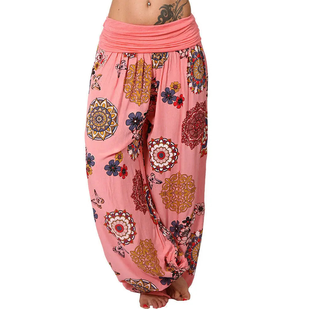 Summer Breeze Floral Harem Pants – Women's Wide Leg Boho Style with Elastic Waist Pink
